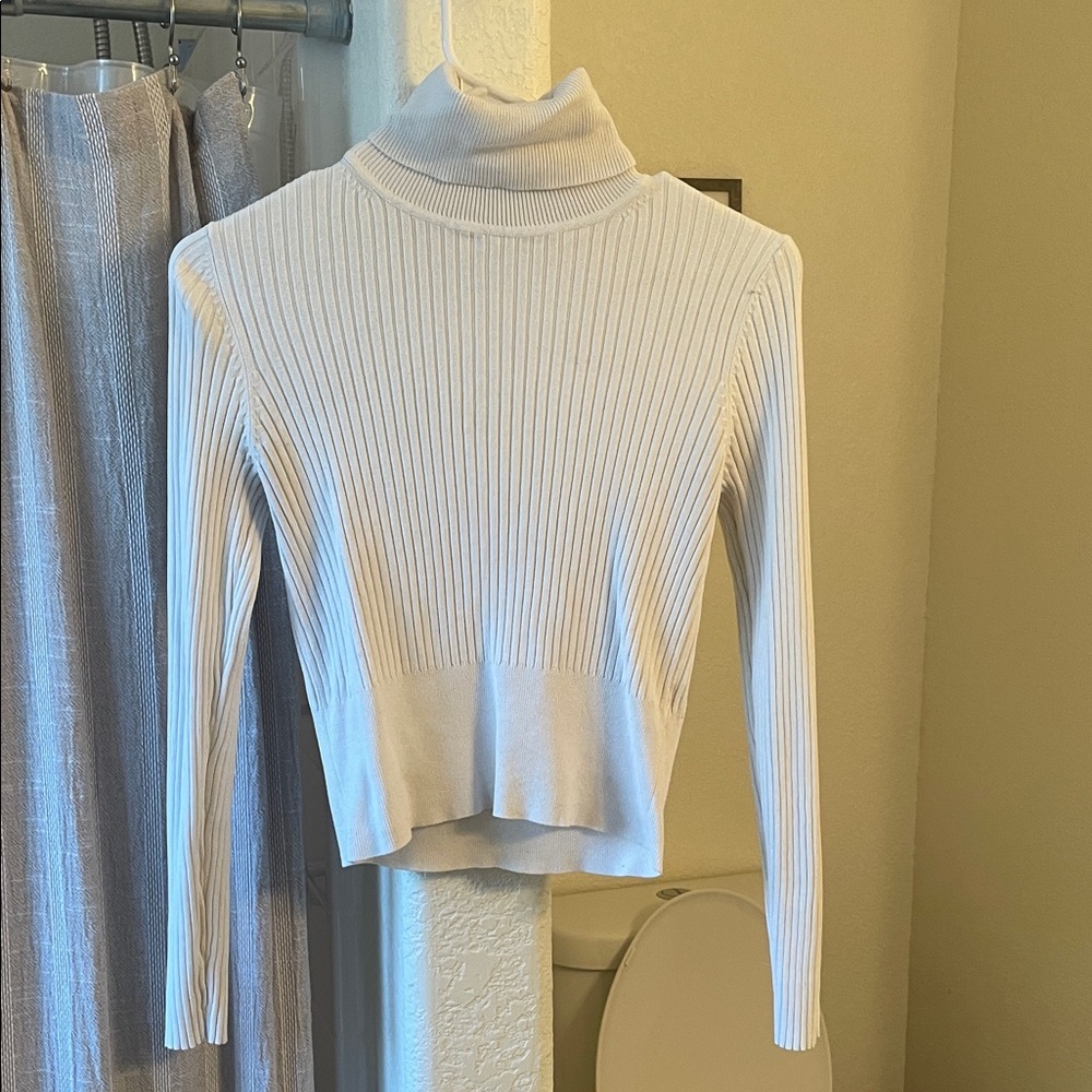 Zara Cream Long Sleeve Ribbed Turtleneck Top